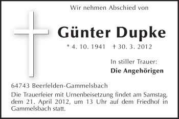 Traueranzeige von Günter Dupke von Odenwälder Echo
