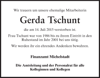 Traueranzeige von Gerda Tschunt von Odenwälder Echo