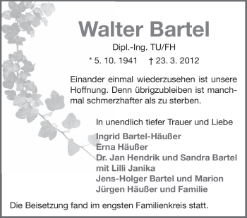 Traueranzeige von Walter Bartel von Echo-Zeitungen (Gesamtausgabe)