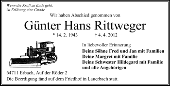 Traueranzeige von Günter Hans Rittweger von Odenwälder Echo