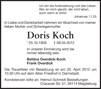 Traueranzeige von Doris Koch von Echo-Zeitungen (Gesamtausgabe)