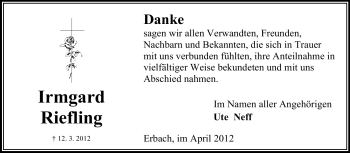 Traueranzeige von Irmgard Riefling von Odenwälder Echo