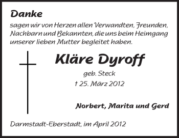 Traueranzeige von Kläre Dyroff von Echo-Zeitungen (Gesamtausgabe)