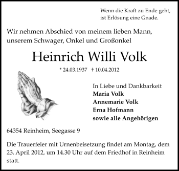 Traueranzeige von Heinrich Willi Volk von Darmstädter Echo, Odenwälder Echo, Rüsselsheimer Echo, Groß-Gerauer-Echo, Ried Echo