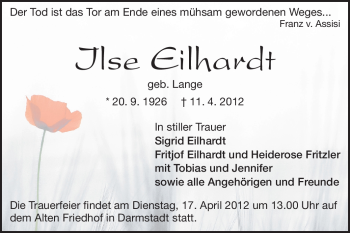 Traueranzeige von Ilse Eilhardt von Darmstädter Echo, Odenwälder Echo, Rüsselsheimer Echo, Groß-Gerauer-Echo, Ried Echo