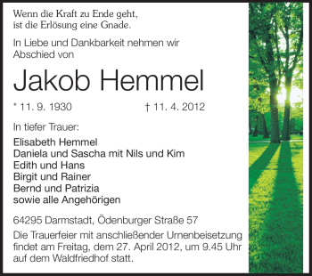 Traueranzeige von Jakob Hemmel von Echo-Zeitungen (Gesamtausgabe)