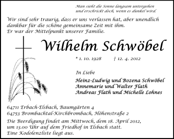 Traueranzeige von Wilhelm Schwöbel von Odenwälder Echo