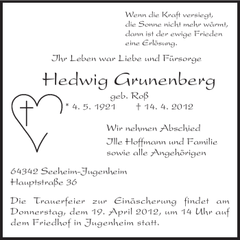Traueranzeige von Hedwig Grunenberg von Echo-Zeitungen (Gesamtausgabe)