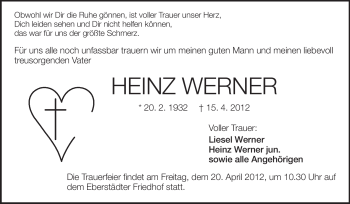 Traueranzeige von Heinz Werner von Echo-Zeitungen (Gesamtausgabe)