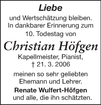 Traueranzeige von Christian Höfgen von Echo-Zeitungen (Gesamtausgabe)