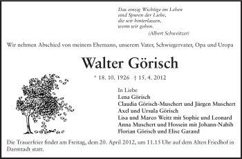 Traueranzeige von Walter Görisch von Echo-Zeitungen (Gesamtausgabe)