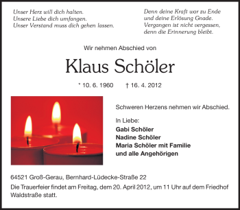 Traueranzeige von Klaus Schöler von Rüsselsheimer Echo, Groß-Gerauer-Echo, Ried Echo