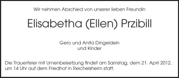 Traueranzeige von Elisabetha Przibill von Odenwälder Echo
