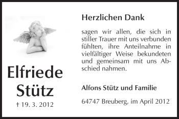 Traueranzeige von Elfriede Stütz von Odenwälder Echo
