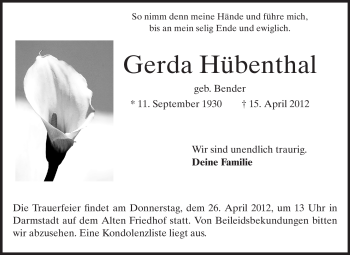 Traueranzeige von Gerda Hübenthal von Echo-Zeitungen (Gesamtausgabe)