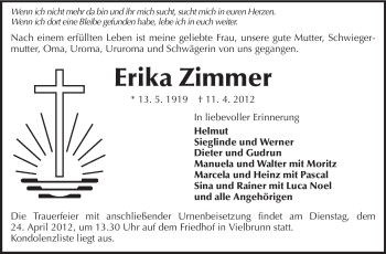 Traueranzeige von Erika Zimmer von Odenwälder Echo