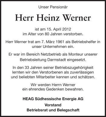 Traueranzeige von Heinz Werner von Echo-Zeitungen (Gesamtausgabe)