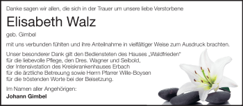 Traueranzeige von Elisabeth Walz von Echo-Zeitungen (Gesamtausgabe)