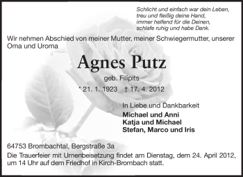 Traueranzeige von Agnes Putz von Odenwälder Echo