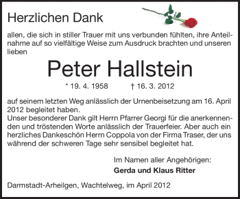 Traueranzeige von Peter Hallstein von Echo-Zeitungen (Gesamtausgabe)