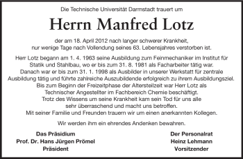 Traueranzeige von Manfred Lotz von Echo-Zeitungen (Gesamtausgabe)