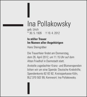 Traueranzeige von Ina Pollakowsky von Echo-Zeitungen (Gesamtausgabe)