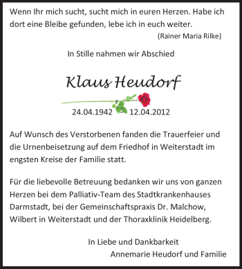 Traueranzeige von Klaus Heudorf von Echo-Zeitungen (Gesamtausgabe)