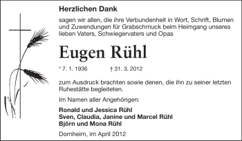 Traueranzeige von Eugen Rühl von Rüsselsheimer Echo, Groß-Gerauer-Echo, Ried Echo