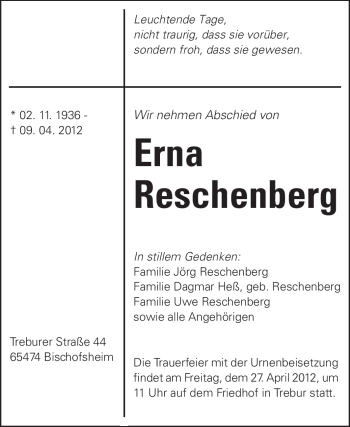 Traueranzeige von Erna Reschenberg von Rüsselsheimer Echo, Groß-Gerauer-Echo, Ried Echo