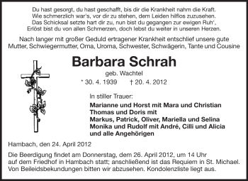 Traueranzeige von Barbara Schrah von Starkenburger Echo, Bergsträßer Anzeiger
