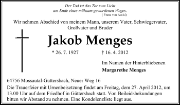 Traueranzeige von Jakob Menges von Odenwälder Echo
