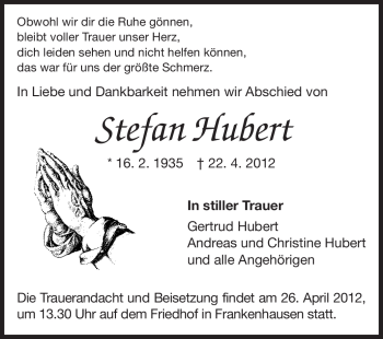 Traueranzeige von Stefan Hubert  von Echo-Zeitungen (Gesamtausgabe)