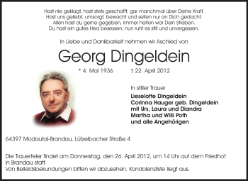 Traueranzeige von Georg Dingeldein von Echo-Zeitungen (Gesamtausgabe)