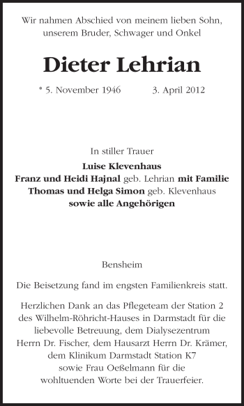 Traueranzeige von Dieter Lehrian von Echo-Zeitungen (Gesamtausgabe)