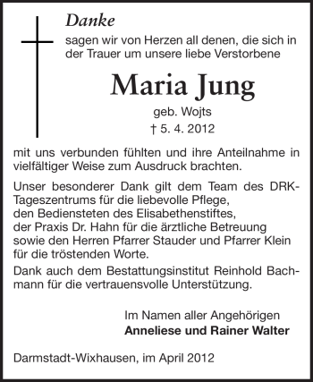 Traueranzeige von Maria Jung von Echo-Zeitungen (Gesamtausgabe)