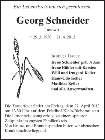 Traueranzeige von Georg Schneider von Echo-Zeitungen (Gesamtausgabe)