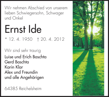 Traueranzeige von Ernst Ide von Echo-Zeitungen (Gesamtausgabe)