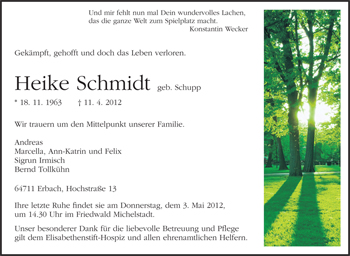 Traueranzeige von Heike Schmidt von Darmstädter Echo, Odenwälder Echo, Rüsselsheimer Echo, Groß-Gerauer-Echo, Ried Echo