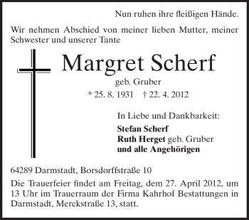Traueranzeige von Margret Scherf von Echo-Zeitungen (Gesamtausgabe)