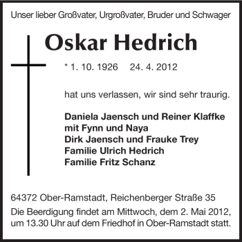 Traueranzeige von Oskar Hedrich von Echo-Zeitungen (Gesamtausgabe)