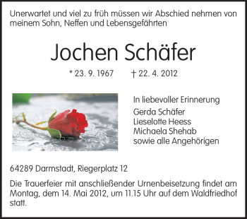 Traueranzeige von Jochen Schäfer von Echo-Zeitungen (Gesamtausgabe)