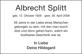 Traueranzeige von Albrecht Splitt von Rüsselsheimer Echo, Groß-Gerauer-Echo, Ried Echo