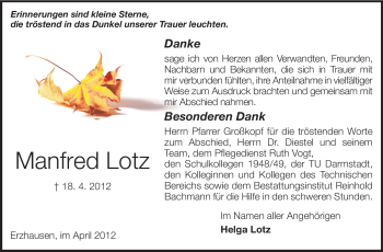 Traueranzeige von Manfred Lotz von Echo-Zeitungen (Gesamtausgabe)