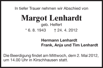 Traueranzeige von Margot Lenhardt von Starkenburger Echo