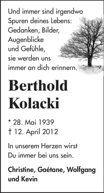Traueranzeige von Berthold Kolacki von Rüsselsheimer Echo, Groß-Gerauer-Echo, Ried Echo