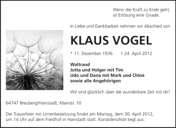 Traueranzeige von Klaus Vogel von Odenwälder Echo