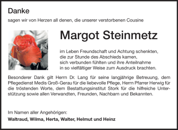 Traueranzeige von Margot Steinmetz von Rüsselsheimer Echo, Groß-Gerauer-Echo, Ried Echo