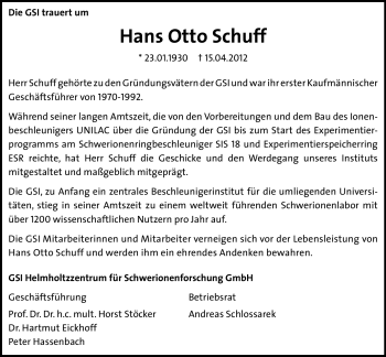 Traueranzeige von Hans Otto Schuff von Darmstädter Echo, Odenwälder Echo, Rüsselsheimer Echo, Groß-Gerauer-Echo, Ried Echo