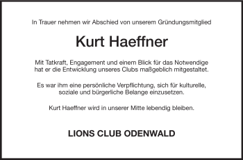 Traueranzeige von Kurt Haeffner von Odenwälder Echo