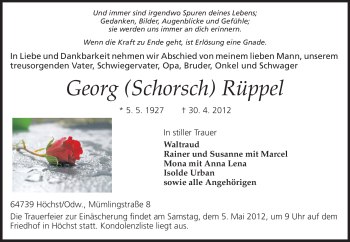 Traueranzeige von Georg Rüppel von Odenwälder Echo